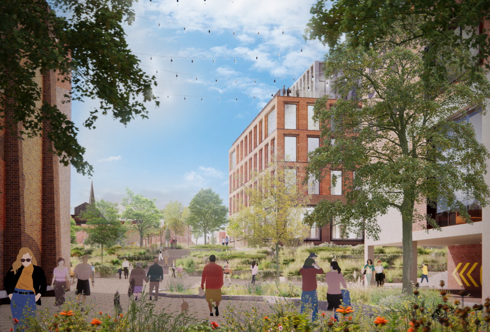 This image: illustrative image of how the re-opened Emporium Way could look, with the Corn Exchange 
						on the left and Belgrave House on the right, looking towards West Island. There is planting across the area,
						with people walking between active frontages of the buildings. The map shows an illustrative aerial sketch of 
						how the entire site could look, with interactive markers showing more information about how the future phases may 
						be achieved.